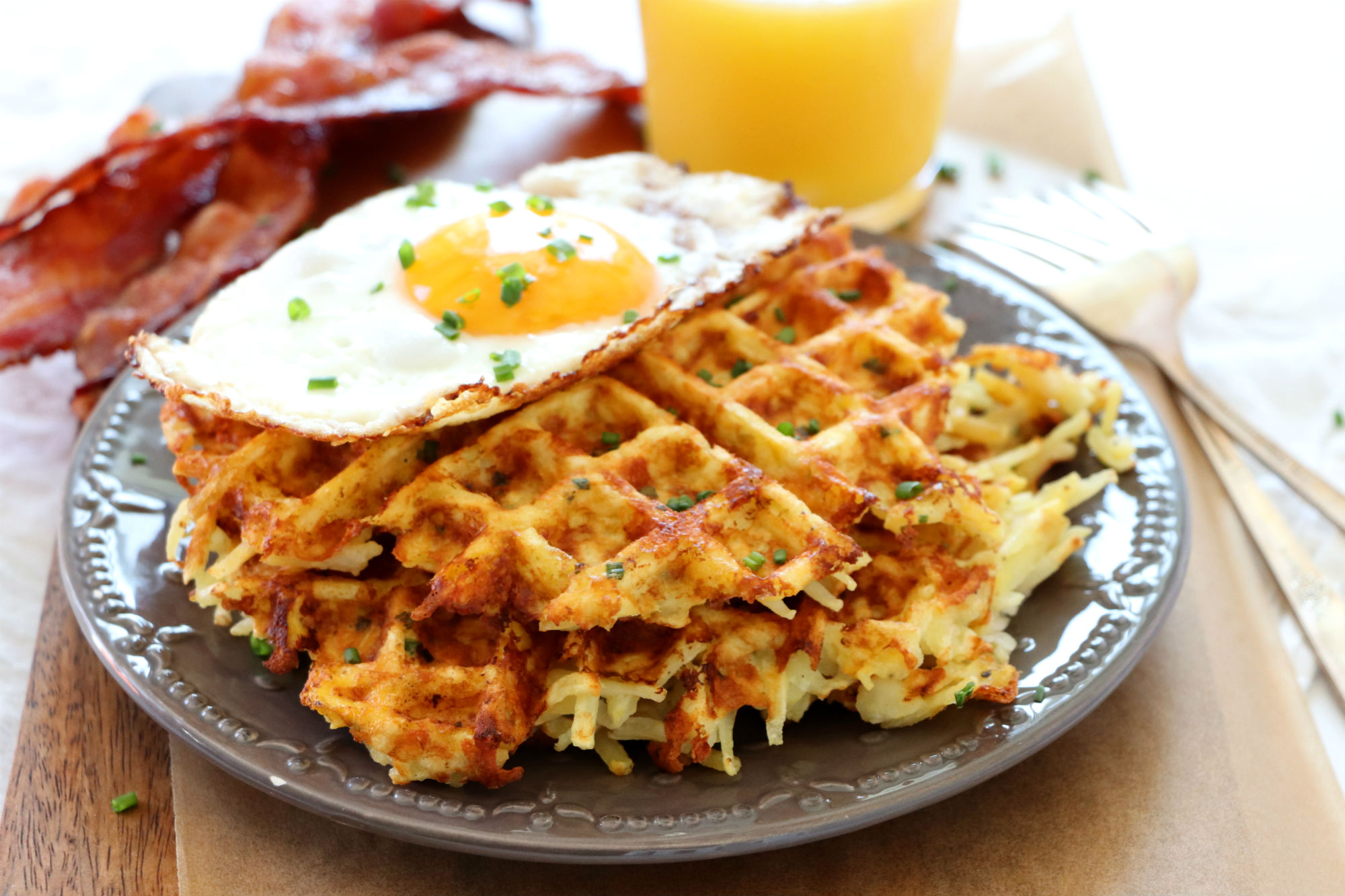 Egg and Cheese Hash Brown Waffles Recipe - Chisel & Fork